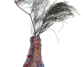 Red lava, volcano rock vase, dark stoneware, fiery red glaze