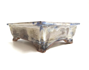 Cloudy skies, hand built rectangular bonsai pot, soft whites and blues, light sandy stoneware