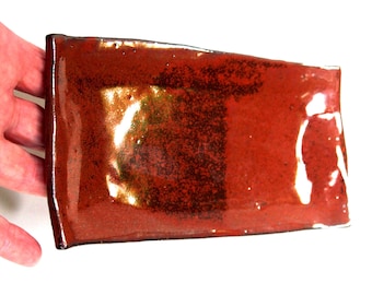 Glossy tomato red sushi plate, handmade, dark stoneware