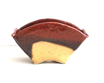 Large red iron and ochre yellow fan shaped, hand built, bonsai, shohin or mame plant pot, white stoneware