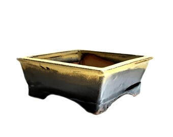 Glossy tenmoku brown and crystal yellow, square, hand built bonsai pot, rich sandy stoneware