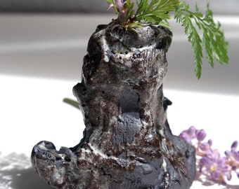 Dancing mini rock vase, slate like rock formation, for ikebana, dried and living plant arrangements, dark stoneware