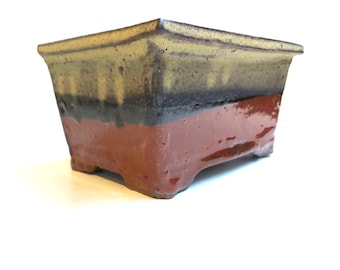 Smart, linear design, deep, rectangular, hand built bonsai pot, dark stoneware