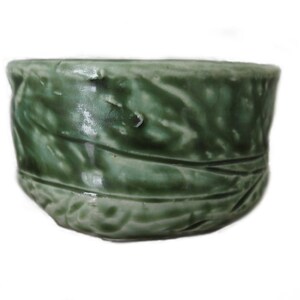 Oribe green Japanese style yunomi tea cup, or guinomi sake cup, textured, handmade, ash glaze, porcelain