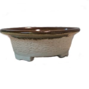 Könnte beinhalten: Kleiner Bonsai-Topf aus Keramik mit strukturierter, cremefarbener Außenseite und dunkelbraunem Rand. Der Topf hat eine flache, ovale Form und steht auf drei kleinen Füßen. Ideal für kleine Pflanzen.