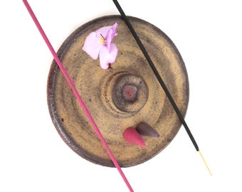 Yellow ochre, saucer shaped incense burner, incense holder, incense pot, dark stoneware, handmade