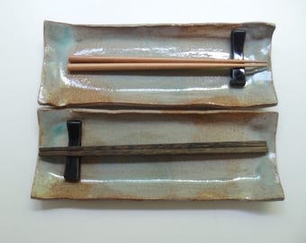 Glossy aqua sushi plates, handmade, dark sandy stoneware - larger size