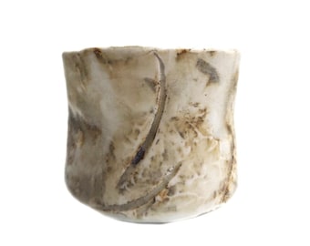 Sepia yellow Japanese yunomi tea cup, or guinomi sake cup, iron undertones, textured, handmade, white stoneware