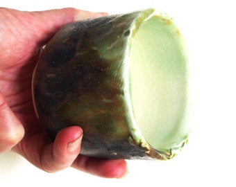 Burnt jade green Japanese yunomi tea cup, or guinomi sake cup, textured, quarter foot, handmade, white stoneware