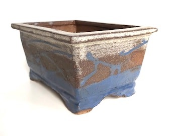 Bold, deep, earth tones and blue rectangular hand built bonsai pot, dark stoneware