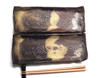 Banksia impressed sushi long plates, highly textured, hand made, dark stoneware