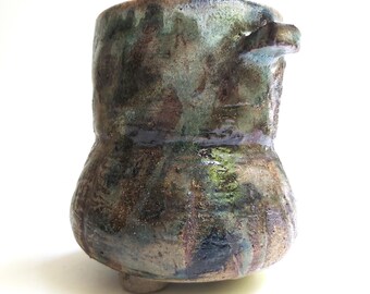Tubby vase with ears, handmade, mottled glazes, dark stoneware