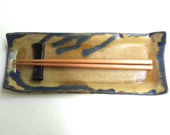 Dark bordered, ochre yellow sushi long plate, handmade, light sandy stoneware