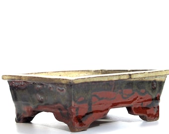 Rectangular earthy red and yellow ochre hand built bonsai pot, dark stoneware