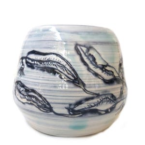 Banksia bushfire vase, handmade, hand decorated, turquoise blue glaze, white stoneware