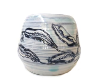 Banksia bushfire vase, handmade, hand decorated, turquoise blue glaze, white stoneware