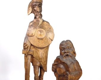 Serre-livres Anciens Don Quichotte Et Sancho Panza - Bois Sculpté Fait Main - Espagne