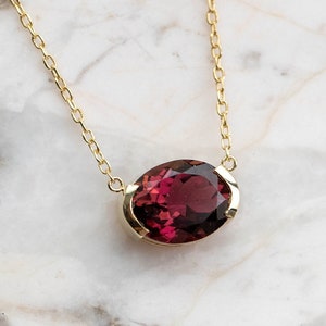 14K Solid Gold Red Tourmaline Necklace – Oval Rubellite Pendant GN00036