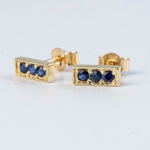 Blue Sapphire Stud Earrings 14K Gold 3 Stone Studs Solid Gold Bar September Birthstone Birthday Gift for Her GE00072-001 image 2