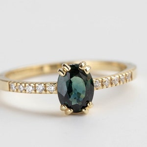 Green Sapphire Engagement Ring Diamond Oval Cut Double Prong 14K Gold - Teal Blue Bicolor Sapphire Pave Wedding Ring for Women - GR00361