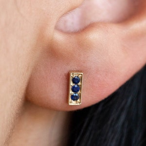 Blue Sapphire Stud Earrings 14K Gold 3 Stone Studs Solid Gold Bar September Birthstone Birthday Gift for Her GE00072-001 image 1