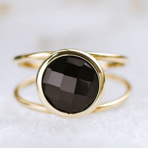 Statement ring for women with natural black onyx gemstone briolette cut and 14K solid yellow gold