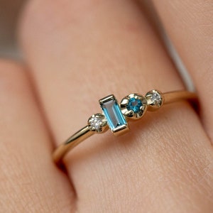 London Blue Topaz Ring 14K Gold Diamond Baguette Cut Stacking Cluster Ring for Women GR00264 image 2