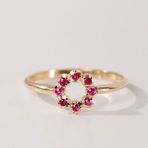 Dainty 14K Gold Ruby Ring: Stacking Flower Gemstone Ring