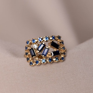 Art Deco 14K Gold Sapphire Ring: Baguette Diamond Cocktail Ring