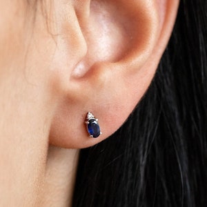 Sapphire Stud Earrings - Bridal Blue Sapphire Diamond Earrings 14K Gold Oval Natural Sapphires - Anniversary Gift for Her GE00080