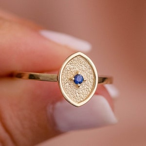 14K Solid Gold Ring Blue Sapphire - Dainty Eye Textured Stacking Ring - September Birthstone Birthday Gift for Her GR00116
