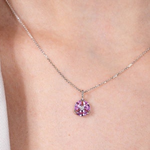 Pink Sapphire Necklace 14K White Gold - Flower Pendant Sapphire Diamond - Dainty Gemstone Necklace for Women - Gift for Her GN00133