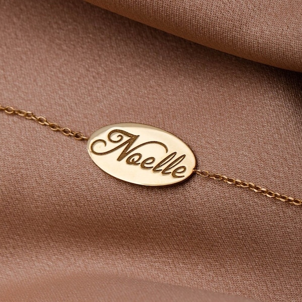 14K Gold Name Bracelet, Personalized Oval Disc, Engraved Jewelry GB00031
