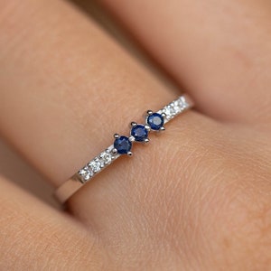 Blue Sapphire Diamond Ring 14K White Gold - Stacking Sapphire Band Ring for Women - Anniversary Gift for Her -  GR00339