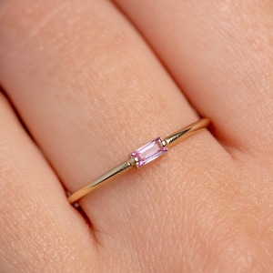 Pink Sapphire Baguette Ring: 14K Solid Gold Dainty Stacking Ring GR00408-001