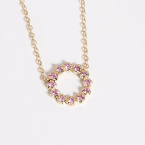 14K Solid Gold Pink Sapphire Circle Pendant Necklace