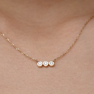 3つのダイヤモンドバーネックレス 14Kゴールド - トリオストーンベゼル ソリッドゴールドネックレス レディース - 彼女へのギフト GN00116