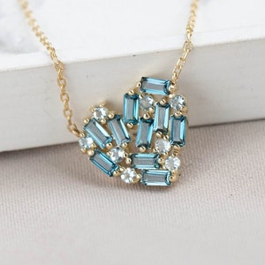Blue Heart Necklace 14K Gold for Women London Blue Topaz Baguette and Aquamarine Natural Gemstones Gift for Her GN00167 image 1