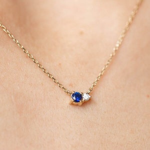 Blue Sapphire Necklace 14K Solid Gold Diamond Cluster Gemstone Necklace Natural for Women Birthday Gift GN00105 image 1