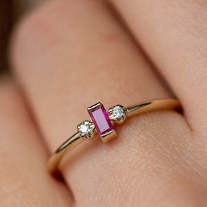 Ruby Diamond Ring 14K Gold Baguette - Stacking Minimalist Natural Gemstone Ring for Women - Gift for Her  GR00304