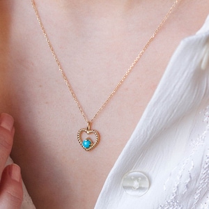 Turquoise Heart Necklace 14K Solid Gold Twisted - Dainty Small Pendant - Birthday Gift for Girlfriend - GN00068