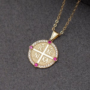 14K Solid Gold ICXC Cross Necklace - Constantinato Coin Pendant - Modern Christian Protection Charm - Baptism Gift for Girls GN00180