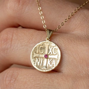 14K Gold Constantine Coin Necklace: Byzantine Cross Pendant with Cubic Zirconia