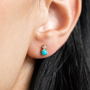 Turquoise Diamond Stud Earrings 14K Solid Gold - Minimalist Studs - December Birthstone Birthday Gift for Her - GE00068