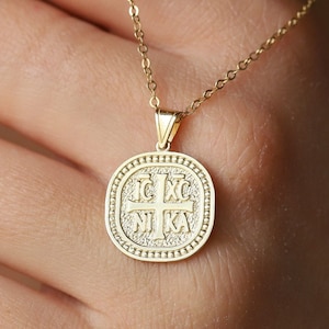 14K Gold Byzantinermünzen-Anhänger-Halskette - ECXC NIKA Taufe Geschenk