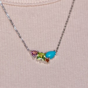 14K Gold Tourmaline Peridot Turquoise Cluster Necklace – Multistone Gemstone GN00156