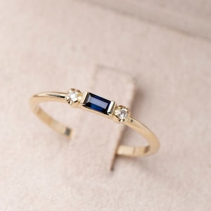 Stacking Sapphire Ring 14K Gold for Women - Baguette Blue Sapphire Diamond Dainty Ring - GR00246