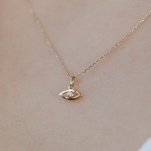 Evil Eye Gold Necklace 14K Solid Gold Dainty Eye Necklace with Diamond Kyklos Jewelry GN00006