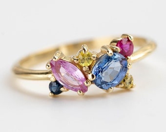 Cluster Ring Rainbow Sapphire 14K Gold for Women Multicolor - Yellow Blue Pink Sapphire Ruby Ring Gift for Her GR00356