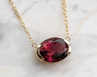 Red Rubellite Tourmaline Pendant Necklace 14K Solid Gold Oval - Anniversary Gift for Her - Kyklos Jewelry GN00036